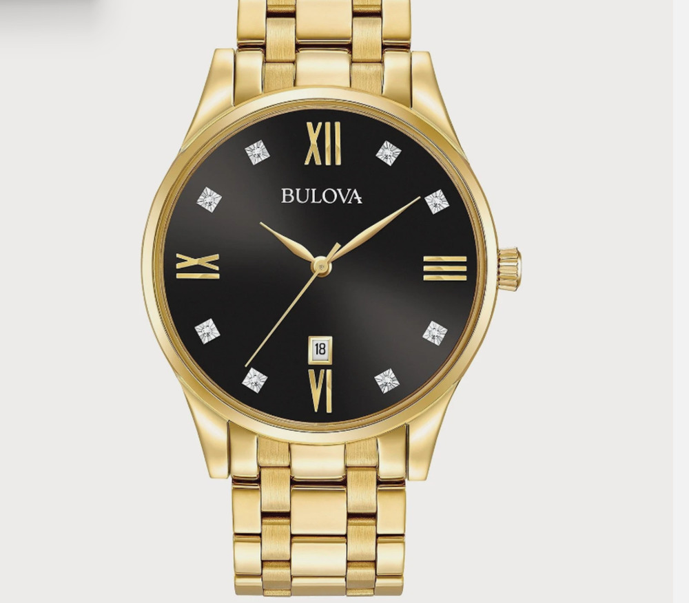 Bulova Surveyor Diamonds Quartz Black Dial Gold Tone Steel Men's Watch 97D108